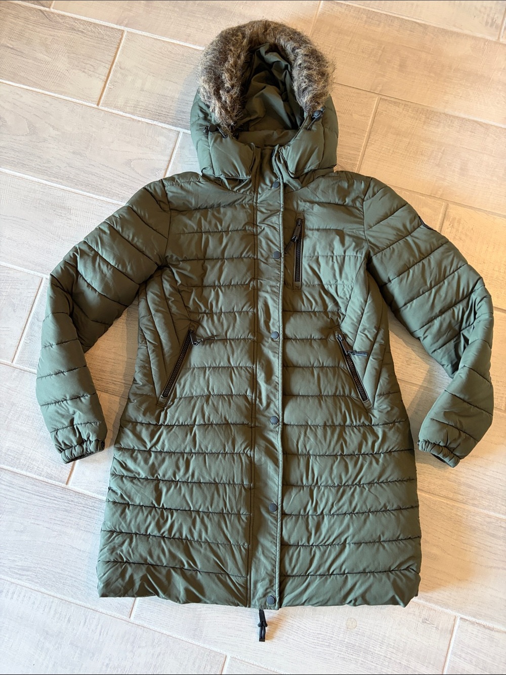 Superdry Olive Green Quilted Longline Puffer with Faux Fur Hood